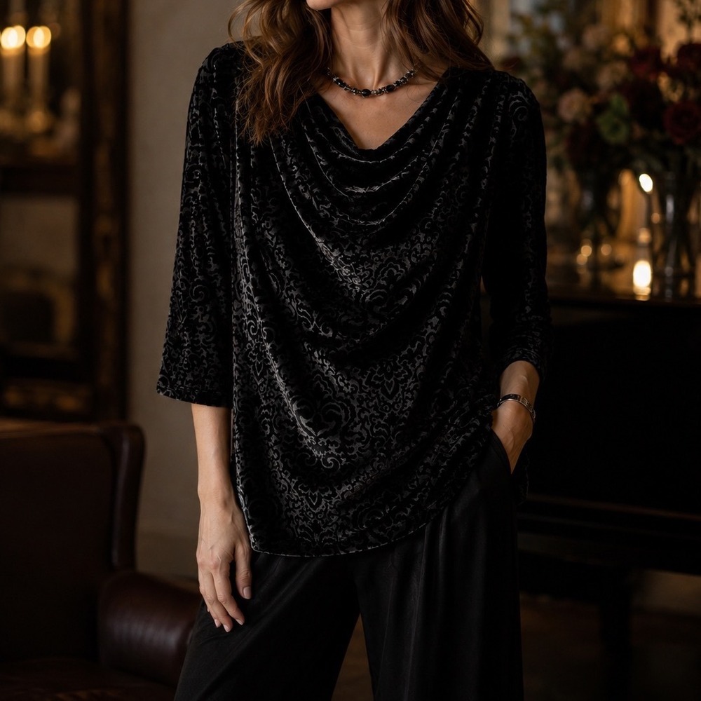 Whimsigoth Velvet Burnout drape front Top Womens XL Glam Holiday witchy